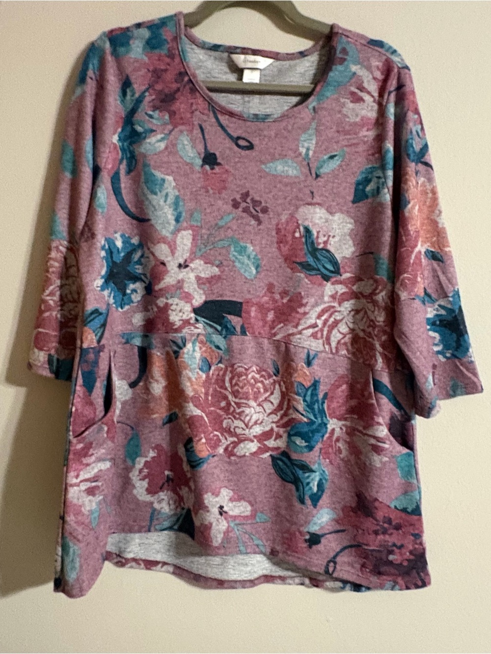 CJ Banks Mauve Colored Floral 3/4 Sleeve Tunic Top